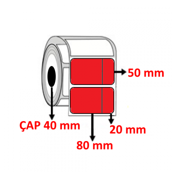 Kırmızı Renkli 100 mm x 50 (80+20) mm Barkod Etiketi ÇAP 40 mm ( 6 Rulo ) 6.000 ADET