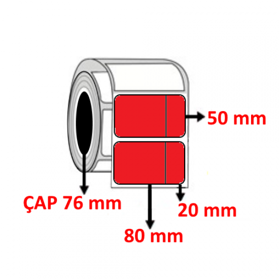 Kırmızı Renkli 100 mm x 50 mm (80+20) Barkod Etiketi ÇAP 76 mm ( 6 Rulo ) 18.000 ADET