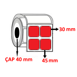 Kırmızı Renkli 45 mm x 30 mm YY2 Lİ Kuşe Barkod Etiketi ÇAP 40 mm ( 6 Rulo ) 18.000  ADET