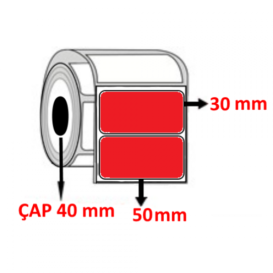 Kırmızı Renkli 50 mm x 30 mm  Barkod Etiketi ÇAP 40 mm ( 6 Rulo ) 9.000 ADET