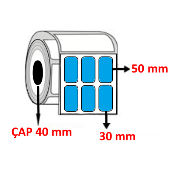 Mavi Renkli 30 mm x 50 mm YY3 LÜ Termal Barkod Etiketi ÇAP 40 mm ( 6 Rulo ) 18.000 ADET