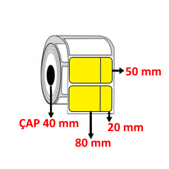 Sarı Renkli 100 mm x 50 mm (80+20) Barkod Etiketi ÇAP 40 mm ( 6 Rulo ) 6.000  ADET